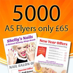 5000 A5 flyers, 130gsm gloss, double sided. Free UK Delivery